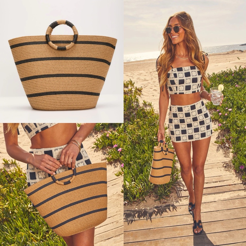 Natural/Black Striped Woven Tote Bag